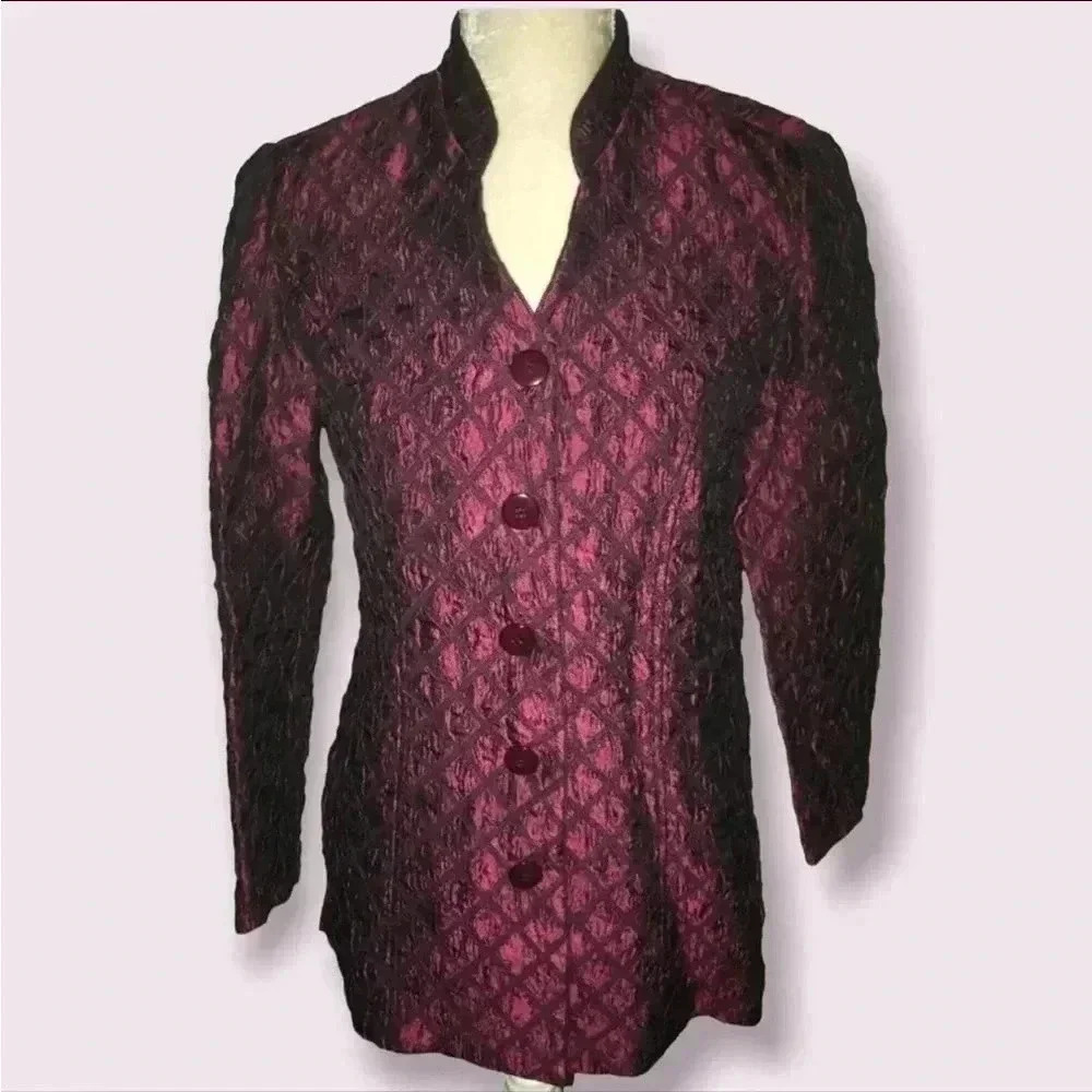 Metallic Chiffon Ruby Red Quilted Blazer Tunic size Petite Small S PS